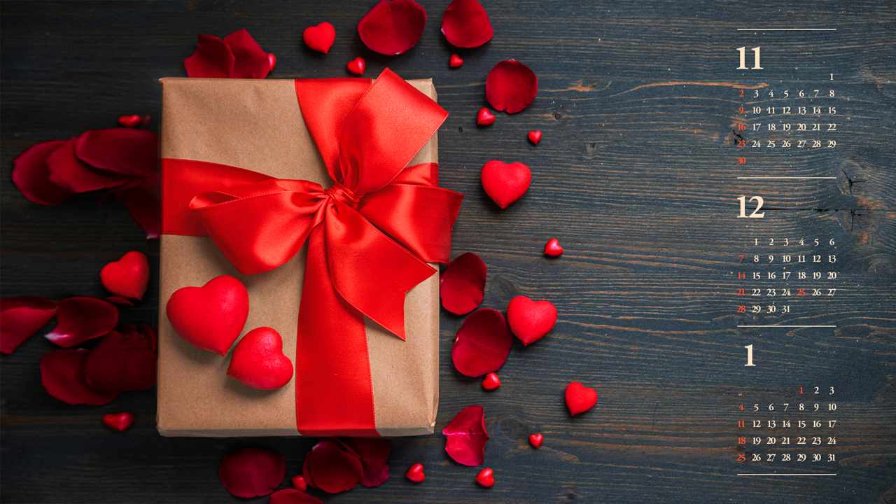 10 빨간색 하트와 선물상자 B - 2025년12월 달력배경화면