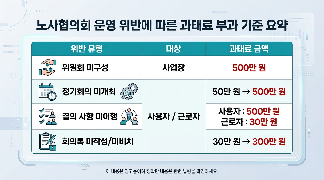 산업안전보건위원회 위반 유형별 과태료 — 미구성·정기회의·의결이행·회의록 기준표