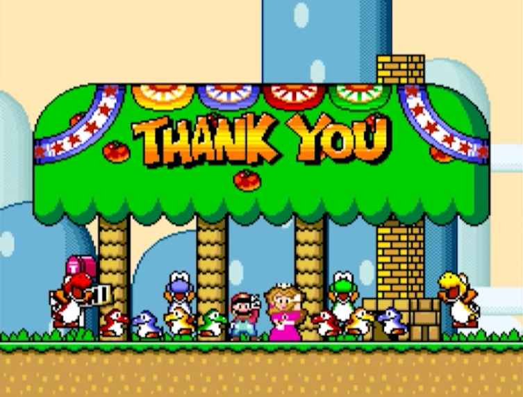 THANK YOU 문구 아래 마리오와 피치공주, 요시들이 함께 모여 있는 슈퍼마리오 월드 엔딩 화면