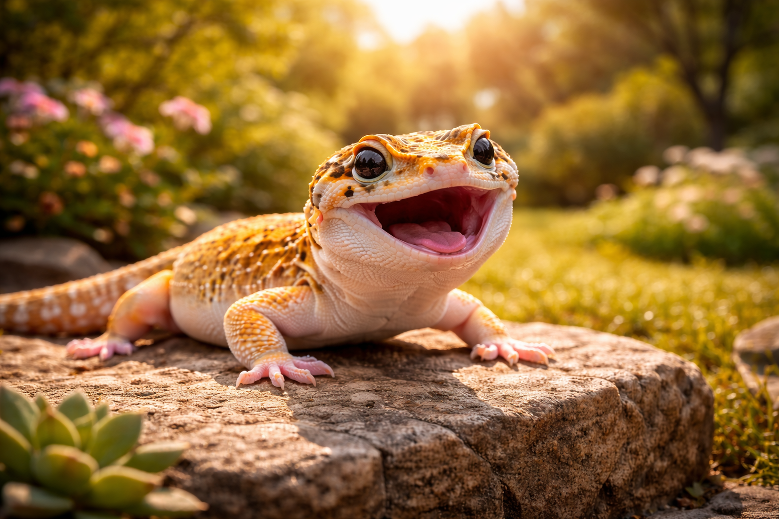 주택 마당(정원)에서 입벌린채 햇볓을 쬐는 도마뱀