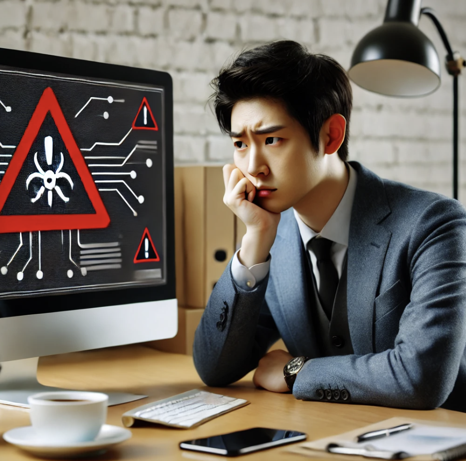 사무실에서 연체금 경고 메시지를 확인중인 직장인