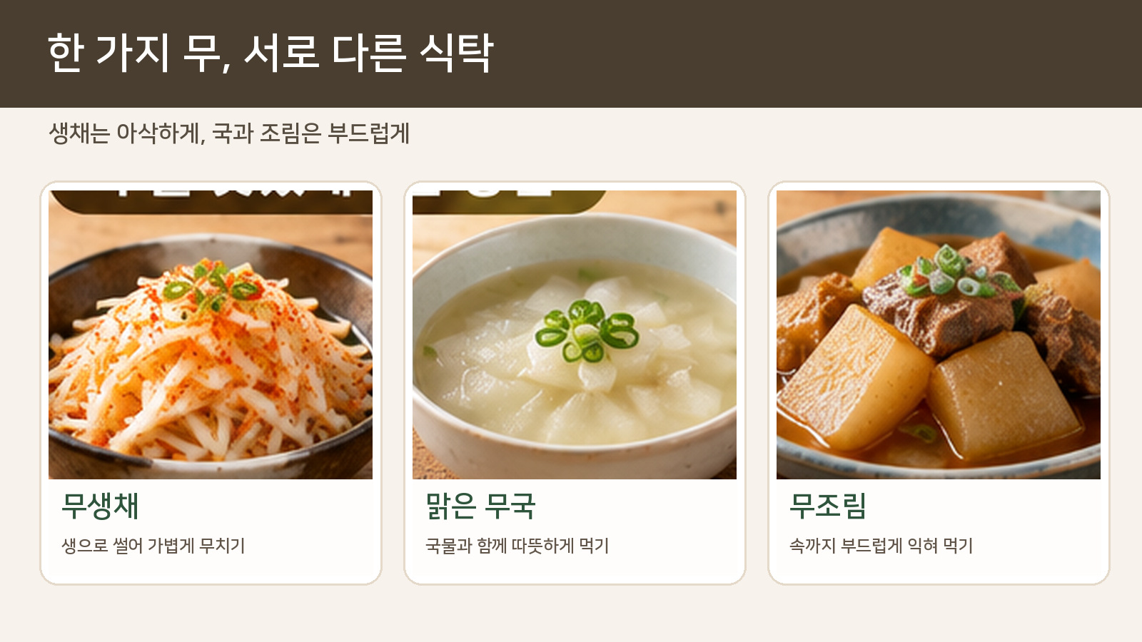 무생채와 맑은 무국, 간장 양념에 익힌 무조림을 서로 다른 그릇에 담아 보여 주는 식탁 활용 이미지