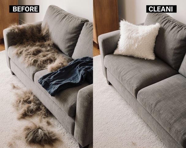 왼쪽은 쇼파와 카펫에 반려동물 털이 가득하고 오른쪽은 털을 정리한 후의 깨끗한 거실의 모습