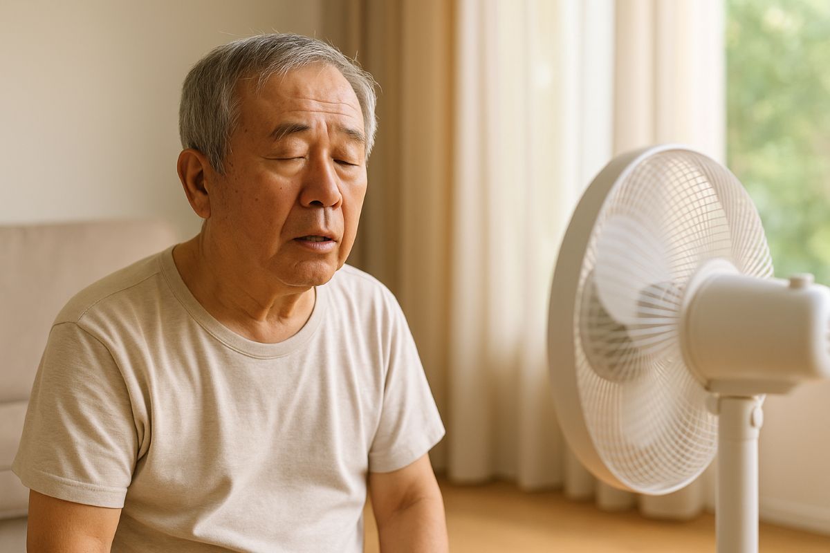 선풍기 앞에서 더위를 식히는 어르신