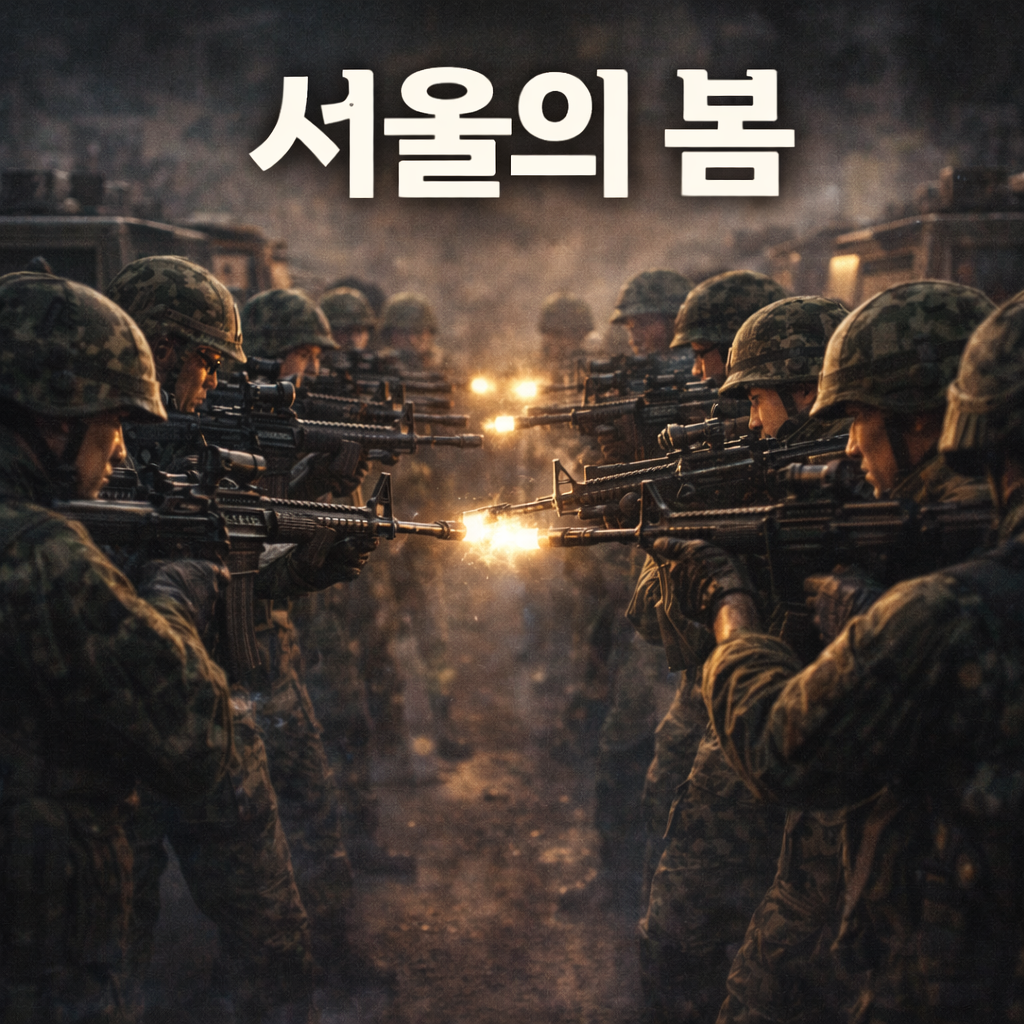 대치하고 있는 군인들의 모습. 서울의 봄 영화제목이 삽입되어 있음.