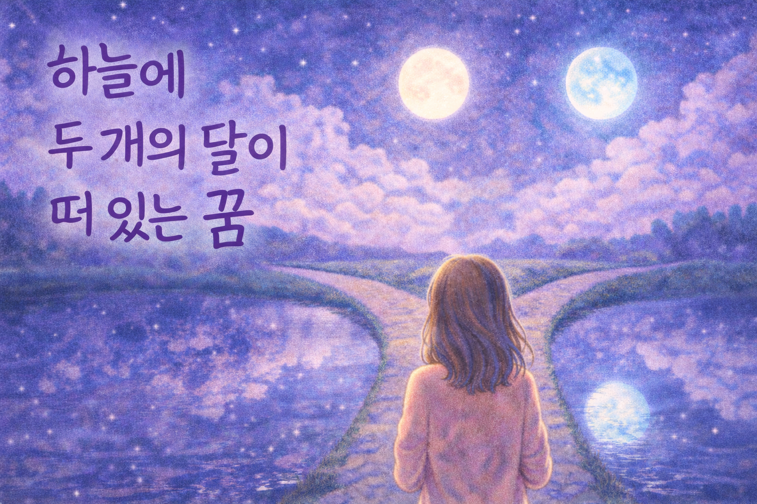 갈림길 앞에 서 있는 여성이 밤하늘의 두 개의 달과 물에 비친 달의 반사를 바라보는 색연필 스타일 일러스트