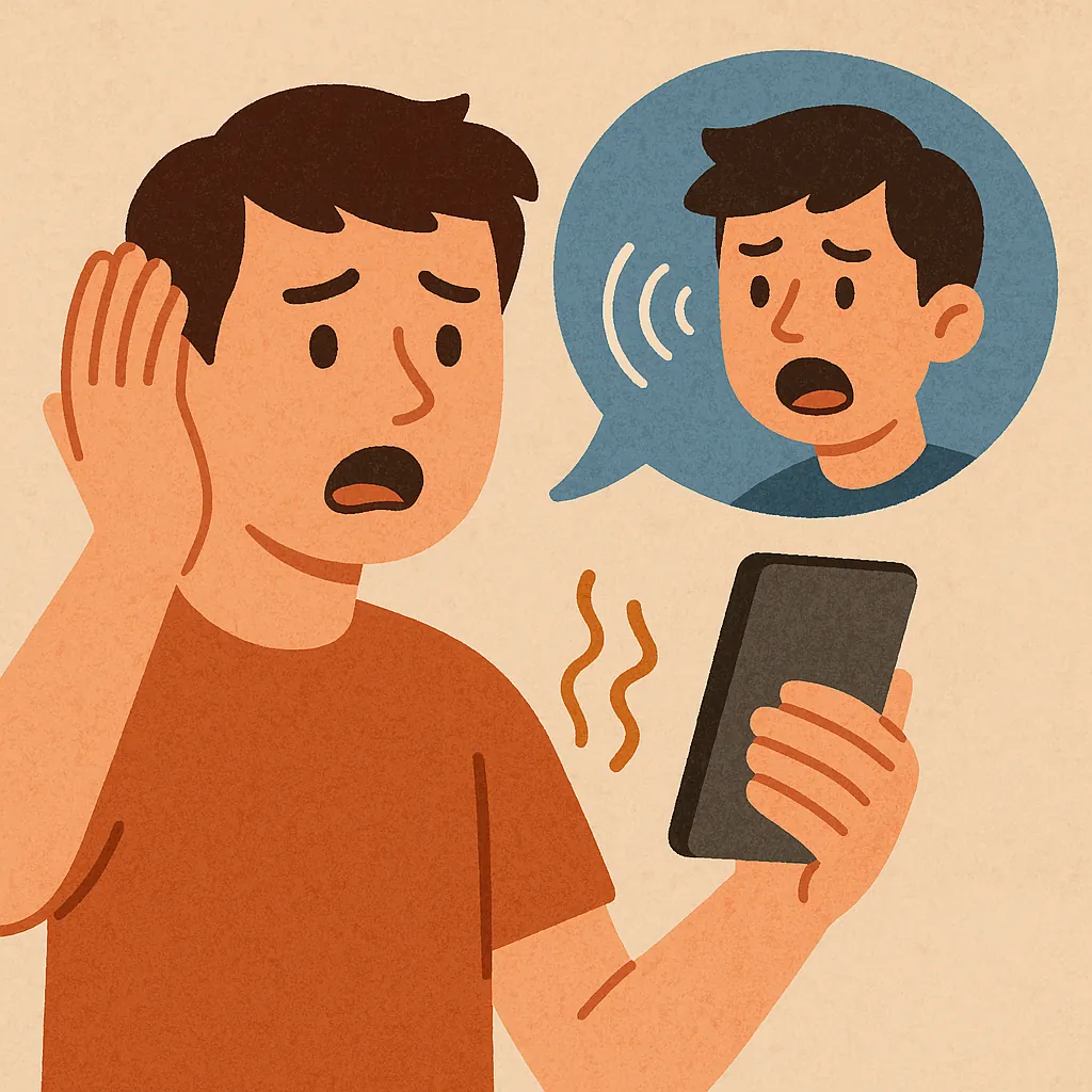 자신의 목소리를 녹음해 듣고 당황하는 남성의 일러스트