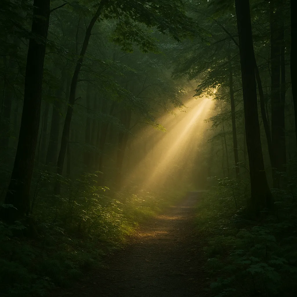 숲속에서 빛을 반견하는 꿈
