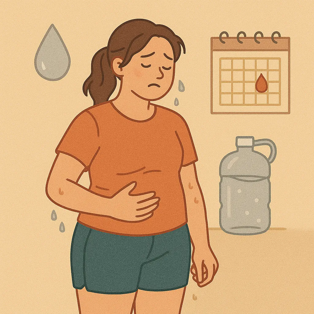 생리 주기를 앞두고 배를 짚고 무거운 느낌을 받는 여성을 표현한 일러스트