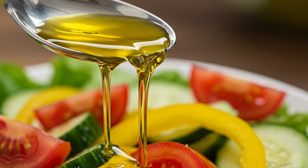 샐러드에 올리브오일 한 스푼을 더하는 장면