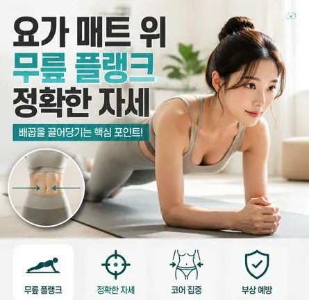 에디터 큐가 직접 요가 매트 위에서 무릎 플랭크 자세와 배꼽을 끌어당기는 시범 보이는 모습
