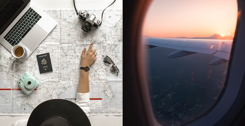 왼쪽사진은 둥근 챙이 큰 모자를 쓰고 앉아서 세계지도를 펼치고 지도위에 노트북, 커피잔, 카메라, 썬그라스, 여권을 올려놓고 여행을 가려는 국가의 위치를 시계와 반지를 낀 오른손 검지 손가락으로 가리키고 있는 모습이며, 우측사진은 하늘을 나는 비행기 안에서 창넘어 비행기 날개가 보이고 지상의 건물들이 아주 조그만하게 보이는 사진