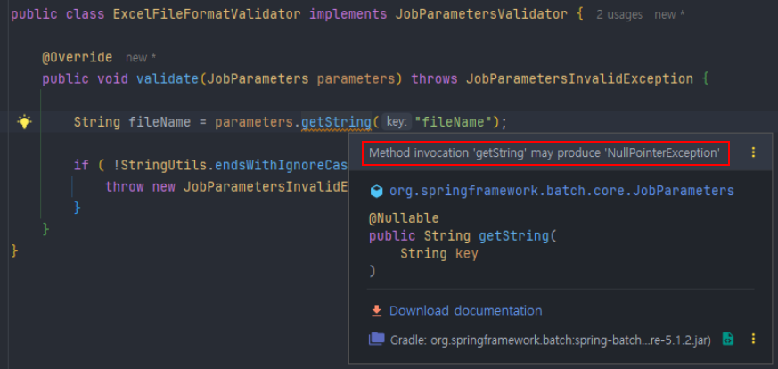 Method invocation may produce NullPointerException 경고 메시지