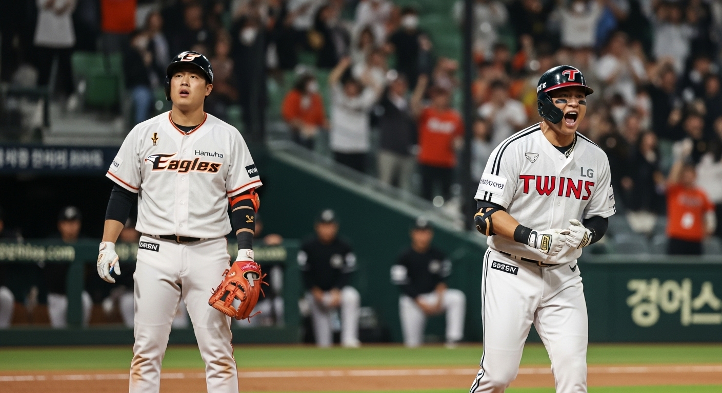 2025 한국시리즈 1차전에서 LG트윈스 선수가 홈런을 치고 환호하는 역동적인 모습과 이를 지켜보는 한화이글스 선수들. 치열한 승부의 순간을 담은 야구 경기 풍경.