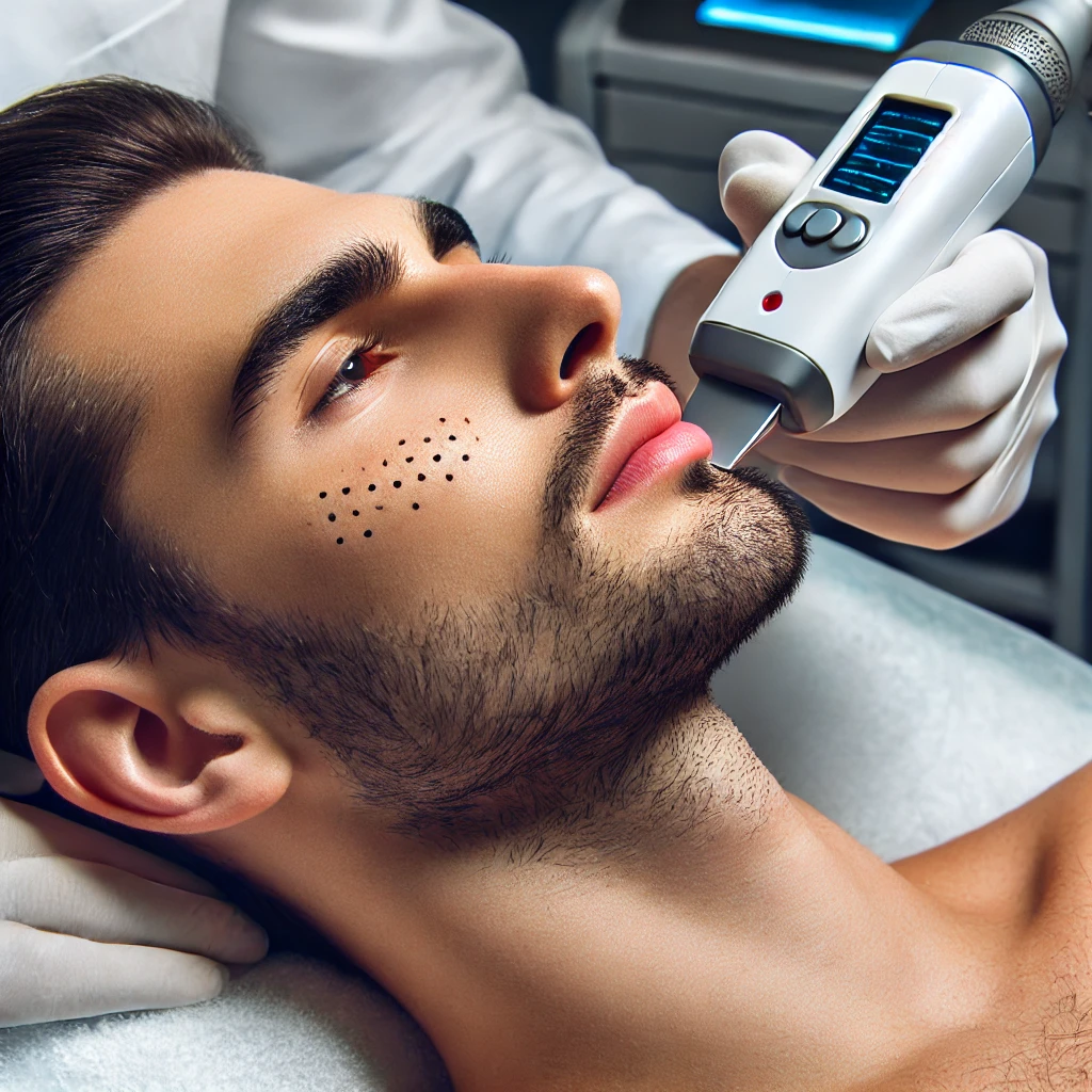 피부과에서 피코 레이저 시술을 통해 색소 침착과 태양 손상을 제거하는 장면