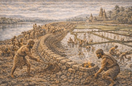 고다바리 강 유역에서 제방을 쌓고 농경을 수행하는 공동체의 모습과 강을 중심으로 한 농업 풍경을 묘사한 사진