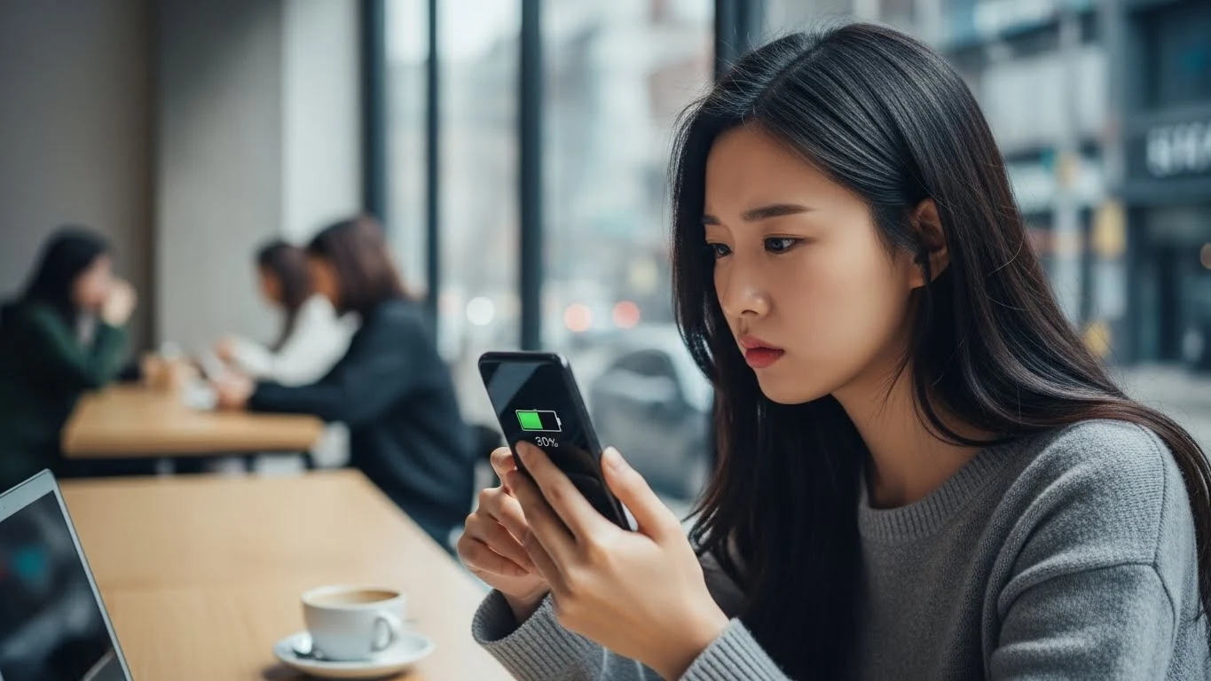 핸드폰 배터리가 빨리 닳아 고민하는 사람 이미지