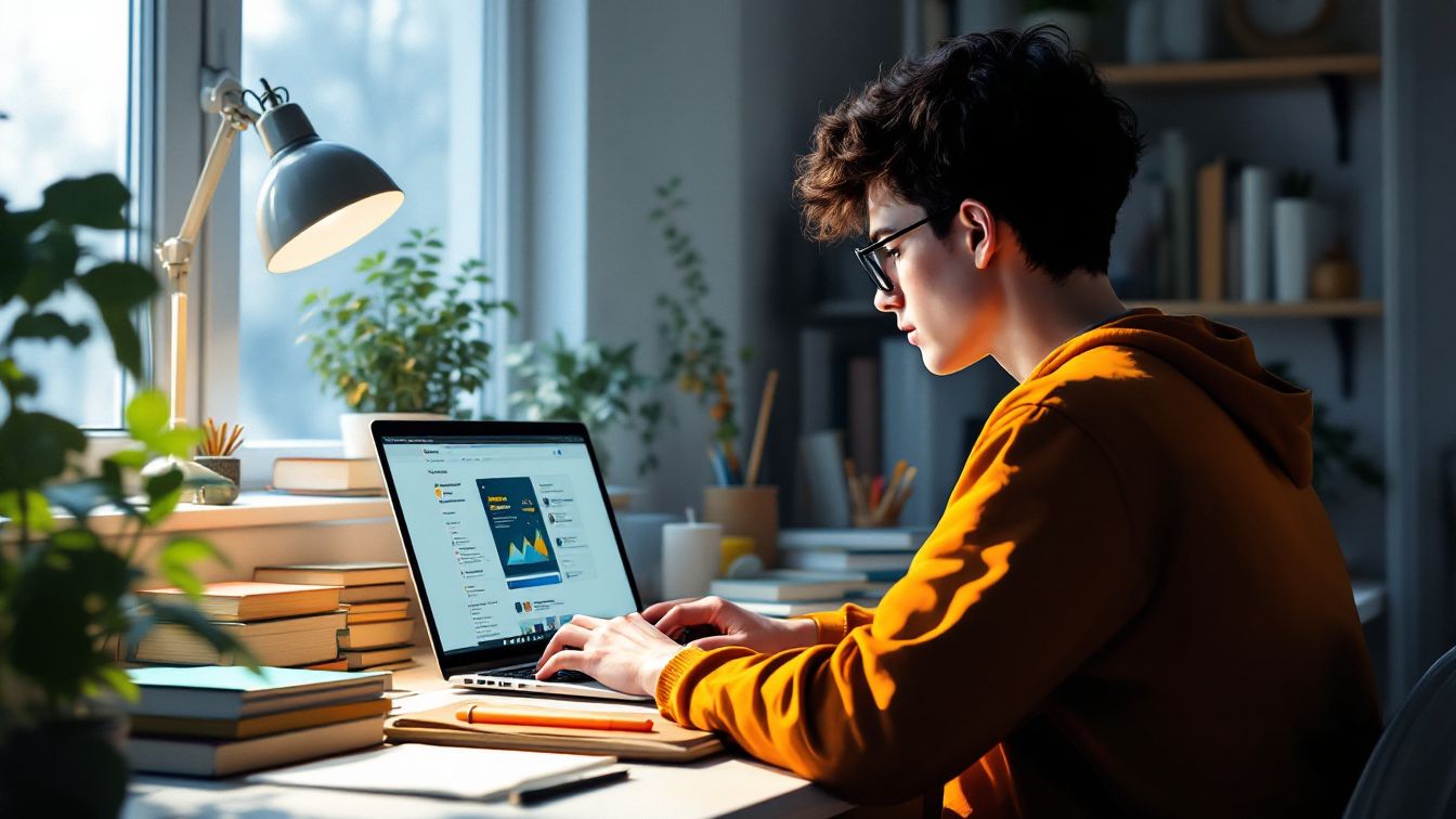 A student is using the Internet.