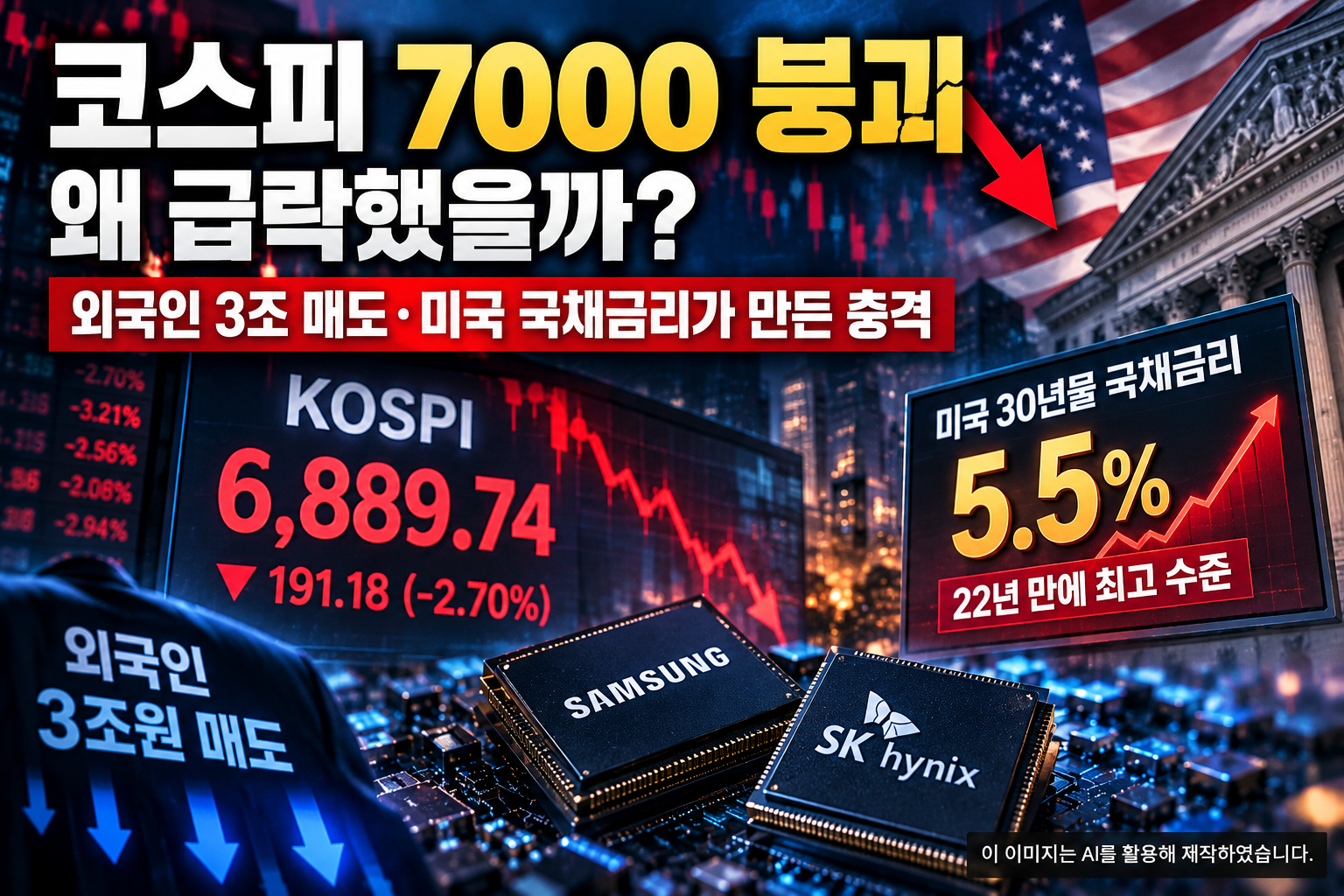 코스피 7000 붕괴와 외국인 3조원 매도, 미국 국채금리 상승 및 반도체주 급락을 표현한 이미지