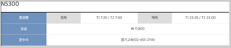 N5300번 버스 시간표&amp;#44; 공항버스 N5300 예매 - 노선도
