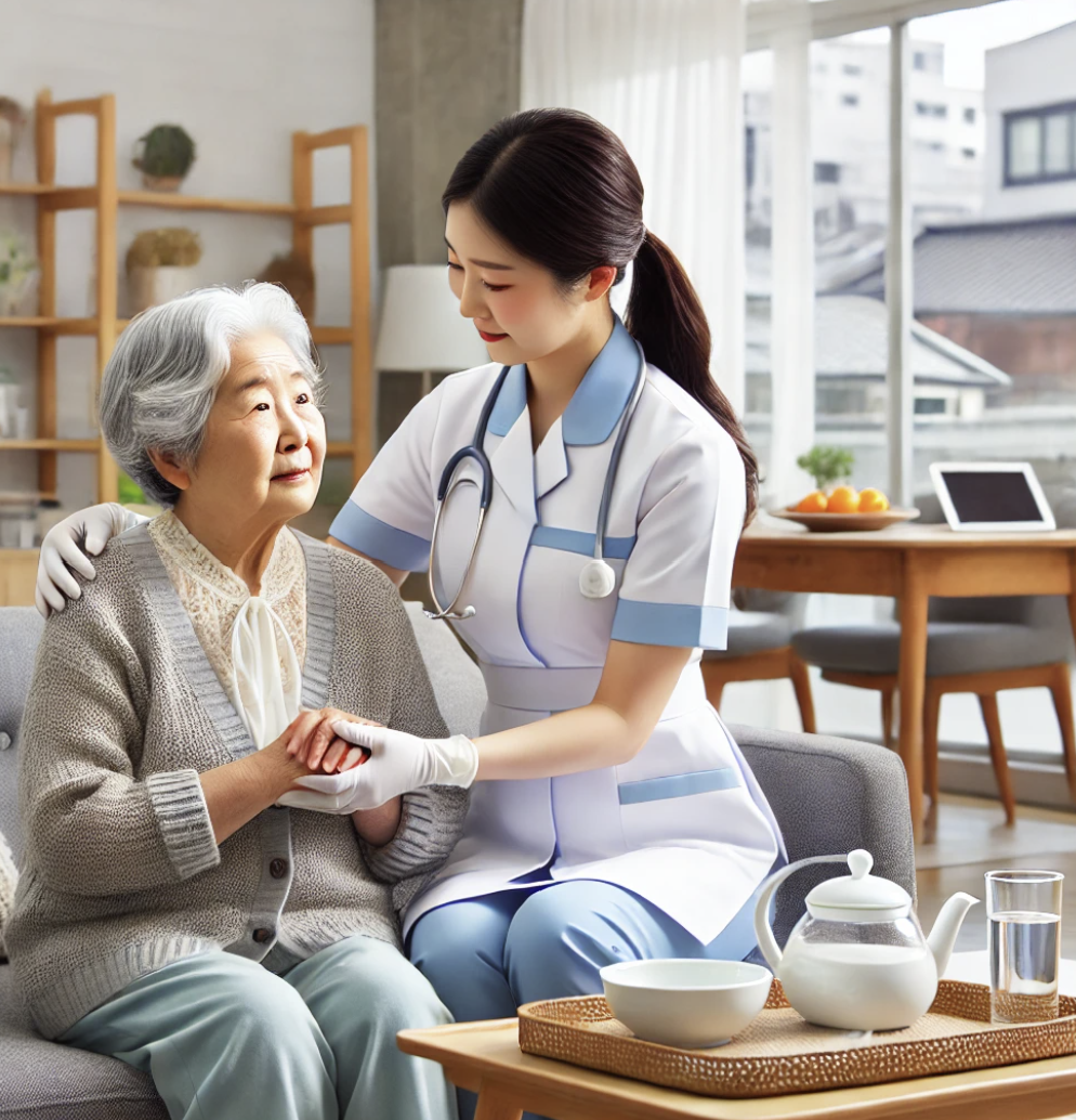 전문 간병인이 노인을 돌보는 모습