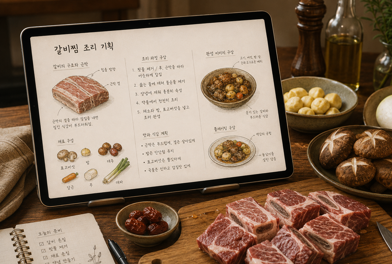 갈비찜 재료의 구조와 플레이팅 구상을 스케치한 디지털 노트가 아이패드에 떠 있는 감성적인 테이블 이미지