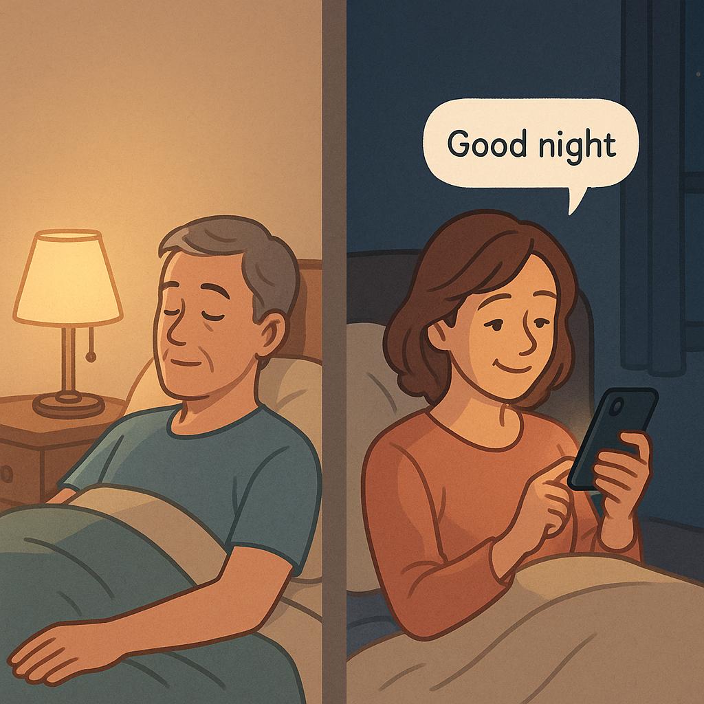 각자의 방에서 수면을 취하기 전 정서적 유대를 위해 무엇인가를 하는 중년부부 모습 만화체 그림