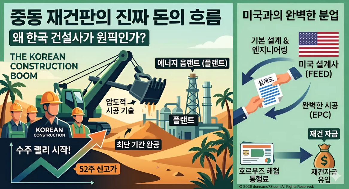 중동 재건 사업에서 한국 건설사의 시공 기술력과 미국과의 분업 구조, 그리고 수주 랠리 현황을 설명하는 경제 인포그래픽