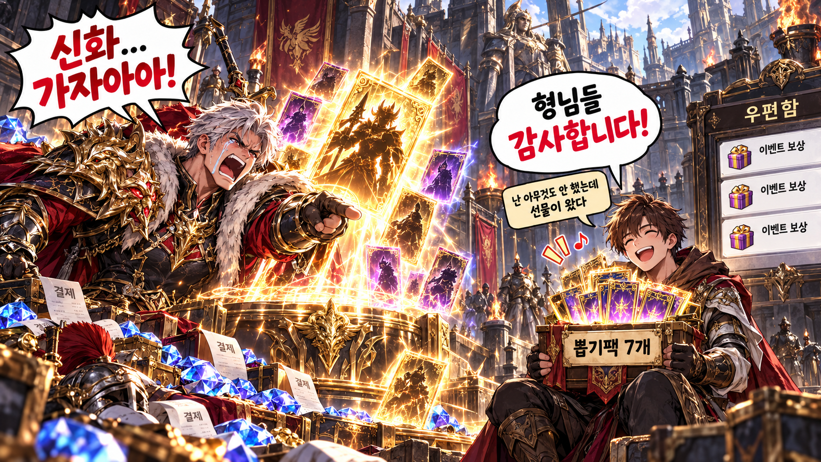 신화를 도전하는 과금러들, 그리고 선물을 받아가는 내 캐릭터를 설명하는 이미지