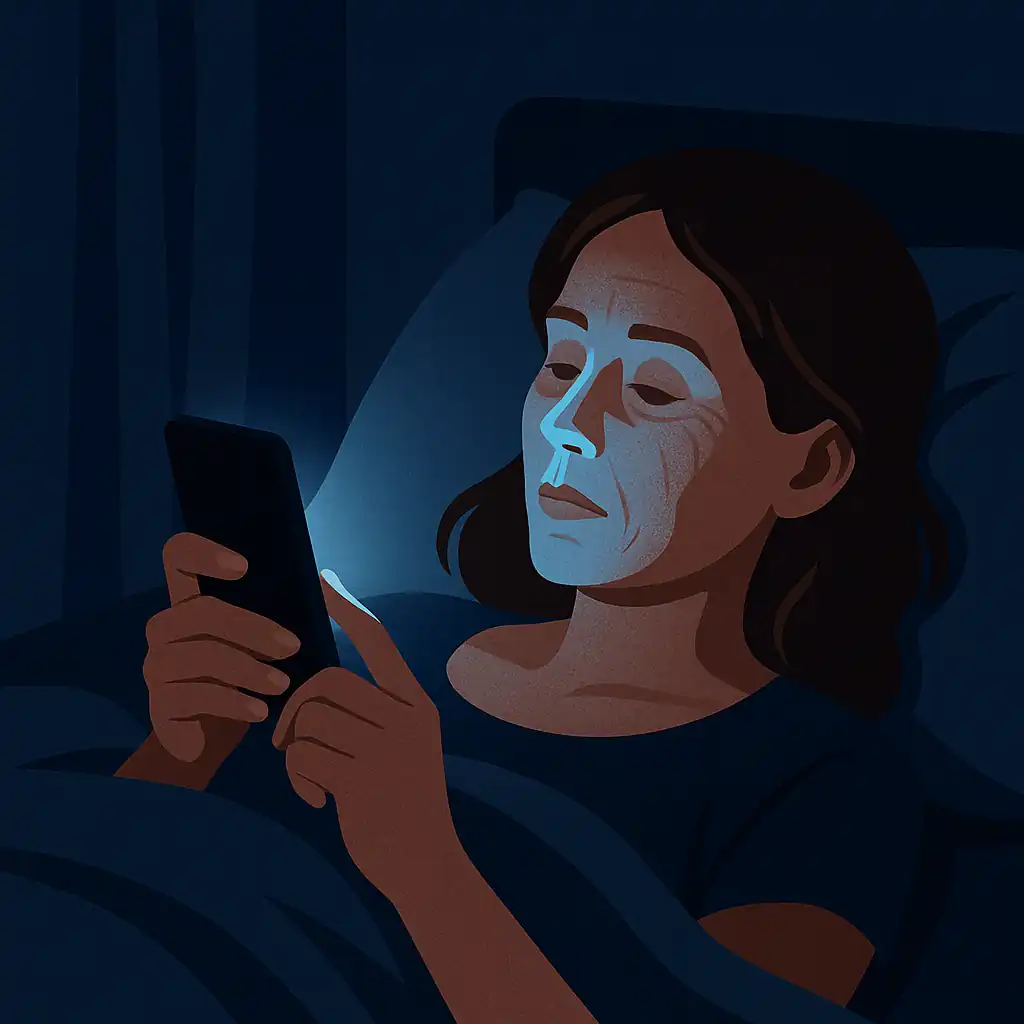 어두운 방에서 스마트폰을 보는 여성의 얼굴에 푸른빛이 비추며 피부 노화를 암시하는 일러스트 이미지