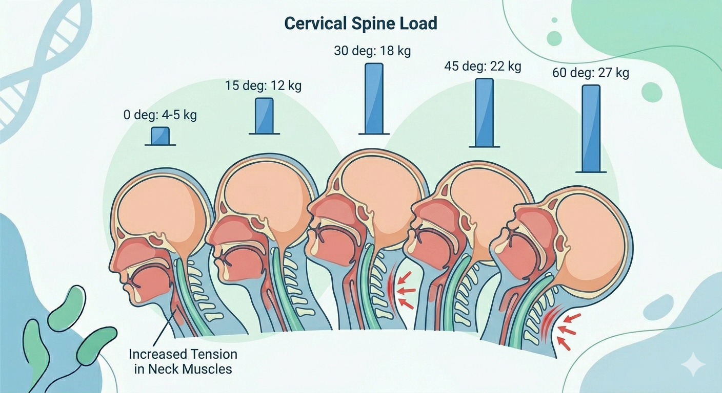 스마트폰 고개 숙인 각도별 경추 목뼈 가해지는 하중 그래프 인포그래픽