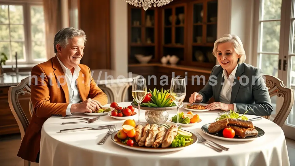 중년 부부가 식탁에서 고기를 먹고 있는 이미지.