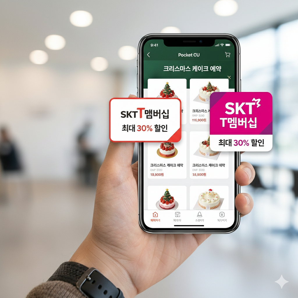 CU 공식 앱 포켓CU의 크리스마스 케이크 예약 화면과 SKT 통신사 할인 로고가 표시된 이미지