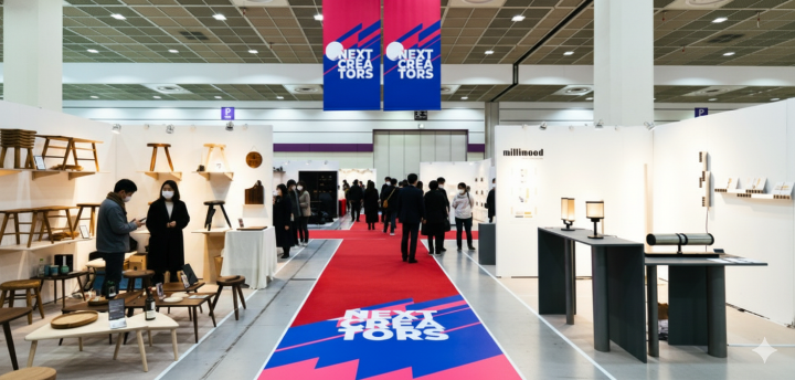 전시장 내부의 활기찬 모습과 다양한 리빙 제품들이 전시된 풍경