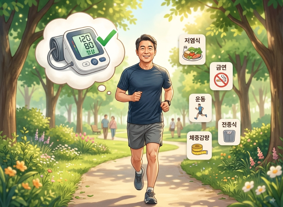alt="생활습관 개선으로 혈압을 낮추고 고혈압 약을 줄이기 위해 공원에서 조깅하는 남성"