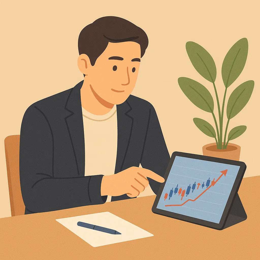 주가 차트를 가리키는 남성의 모습