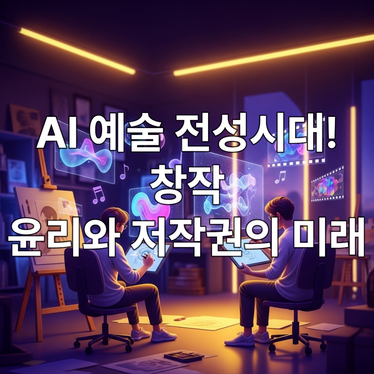 2025년 AI와 예술가가 협업하여 창작하는 미래형 스튜디오 모습. 홀로그램과 디지털 아트가 어우러진 창의적인 공간.