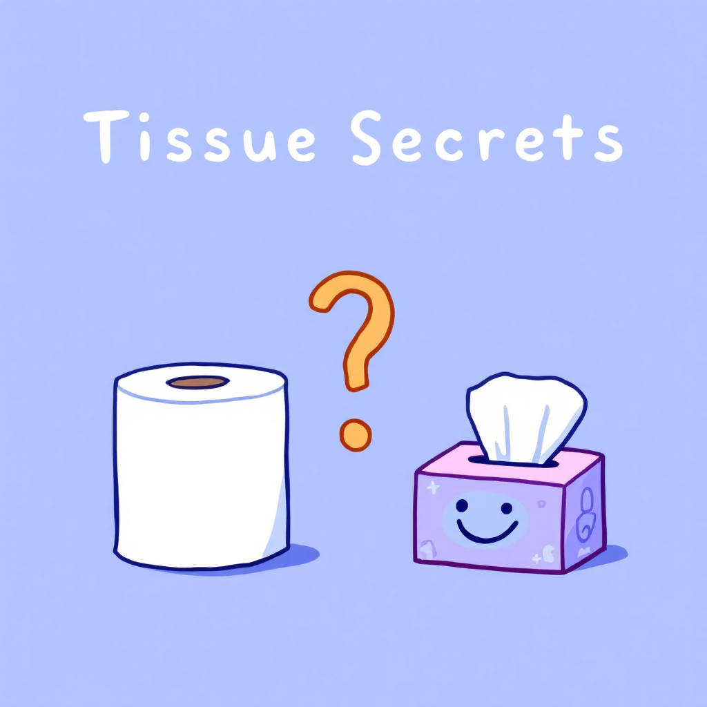두루마리 휴지와 미용티슈의 차이점을 그림으로 표현한 일러스트: 왼쪽에는 화장실 변기 옆 두루마리 휴지, 오른쪽에는 웃는 얼굴의 갑티슈가 놓여있고, 중앙에는 의문 부호가 있다.