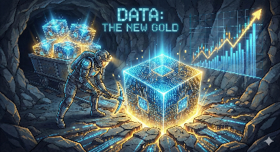 땅속에서 황금 대신 빛나는 데이터 큐브를 채굴하고 있는 사람의 일러스트. 데이터의 막대한 가치를 표현.