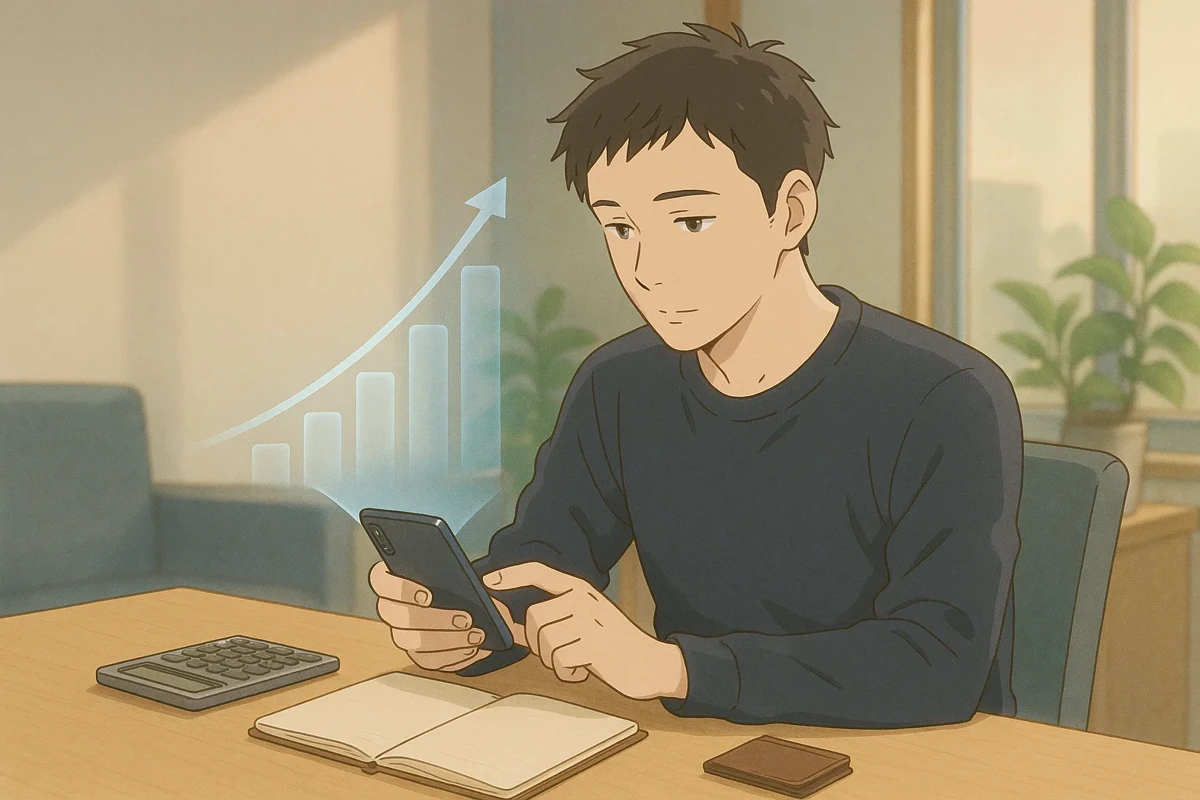 스마트폰으로 금융앱을 조작하며 가계부채를 관리하는 모습, 배경에 상승하는 그래프와 안정적인 금융 이미지