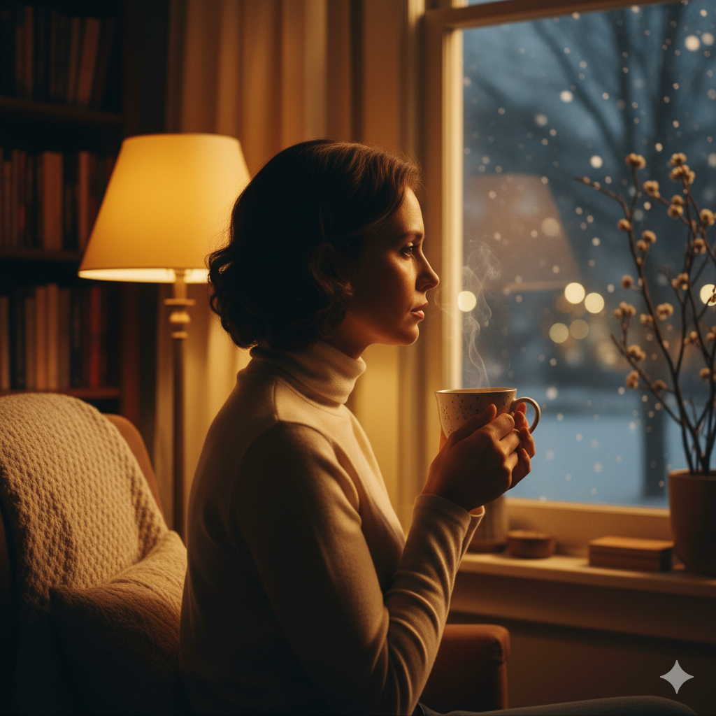 겨울 저녁 창가에서 차 한잔과 함께 사색에 잠긴 여성