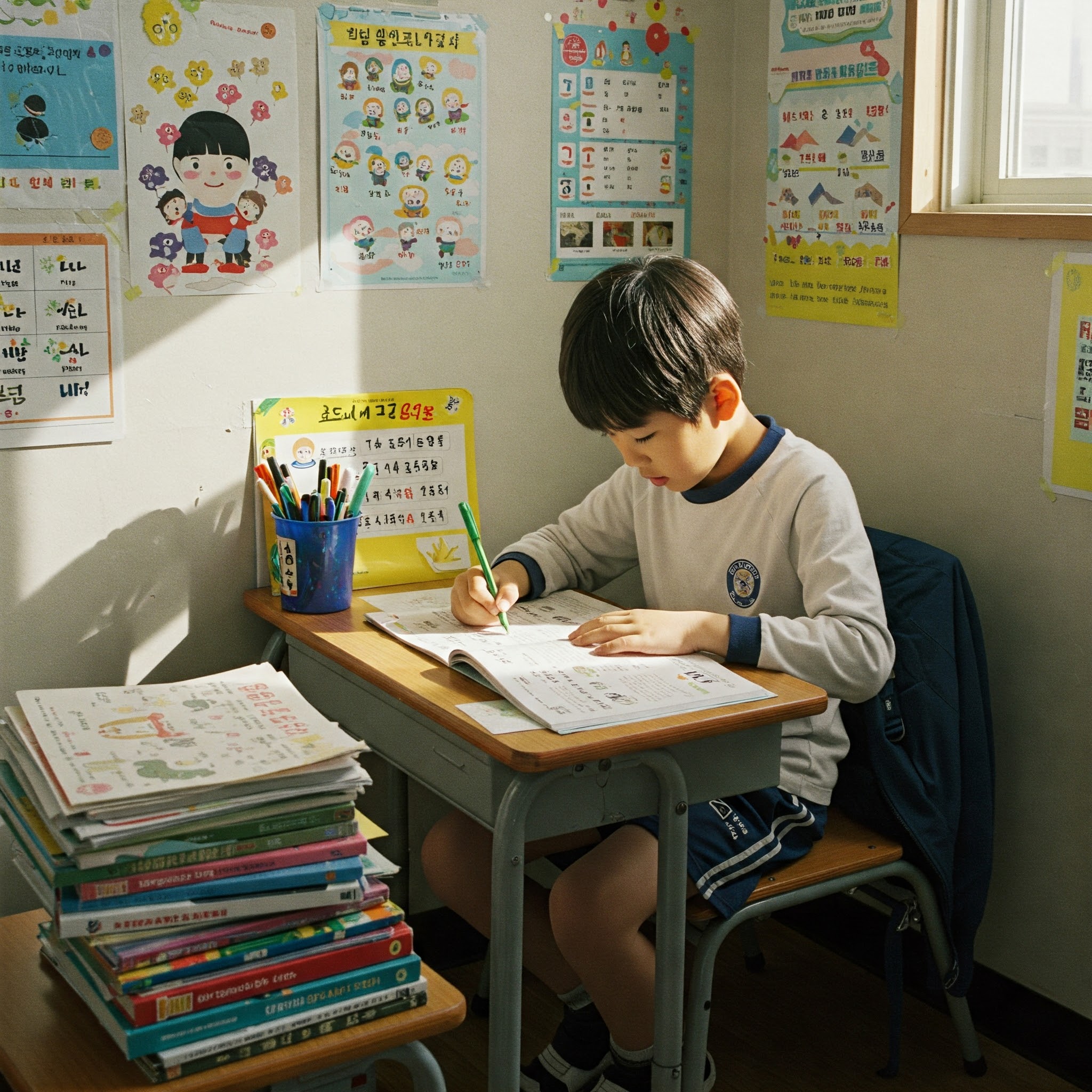 방에서 자기주도학습 중인 초등학생