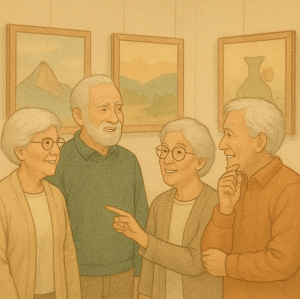 노인들이 동호회 활동으로 전시회장에서 함께 작품을 감상하며 즐겁게 대화하는 모습