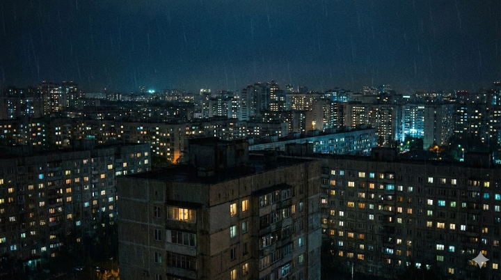 어둠이 내린 도시의 야경, 수많은 아파트 불빛 중 하나만 깜빡거리는 쓸쓸한 풍경