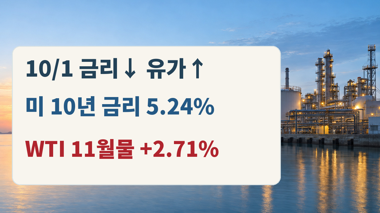 10월1일 미국 10년물 일별 파 수익률 하락과 WTI 11월물 전일비 상승 비교