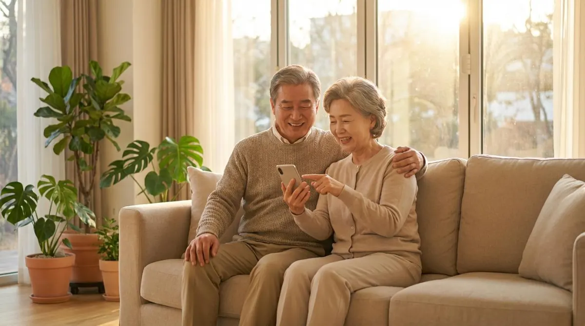 스마트폰을 함께 보며 환하게 웃고 있는 중장년 부부의 행복하고 평온한 모습