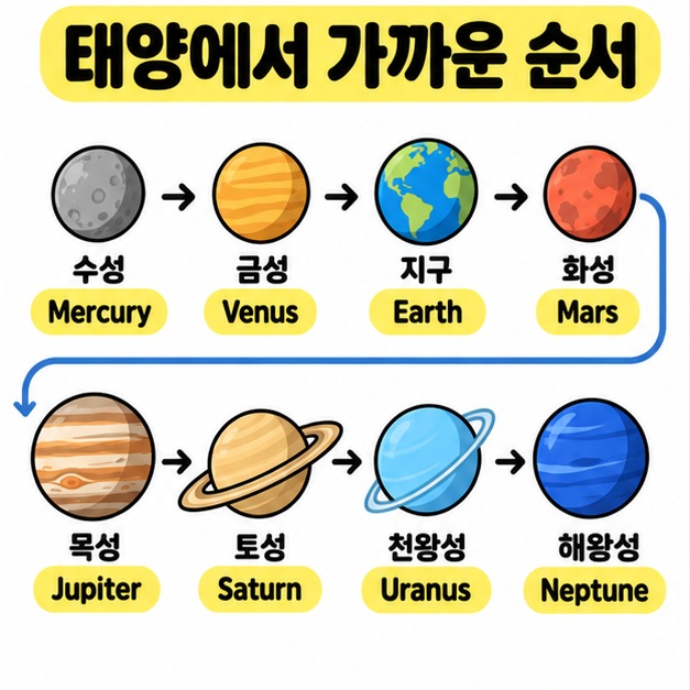 Mercury Venus Earth Mars Jupiter Saturn Uranus Neptune 순서를 태양과 함께 보여주는 카드