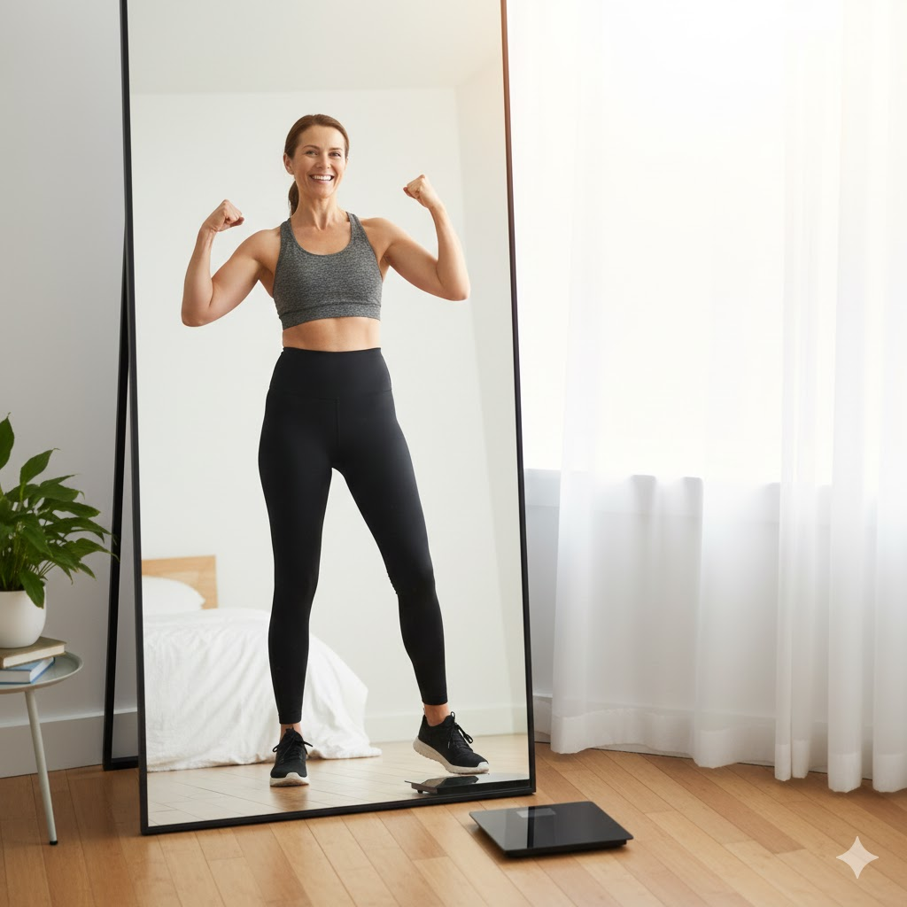 체중계 대신 전신 거울 앞에서 당당하게 포즈를 취하고 있는 모습