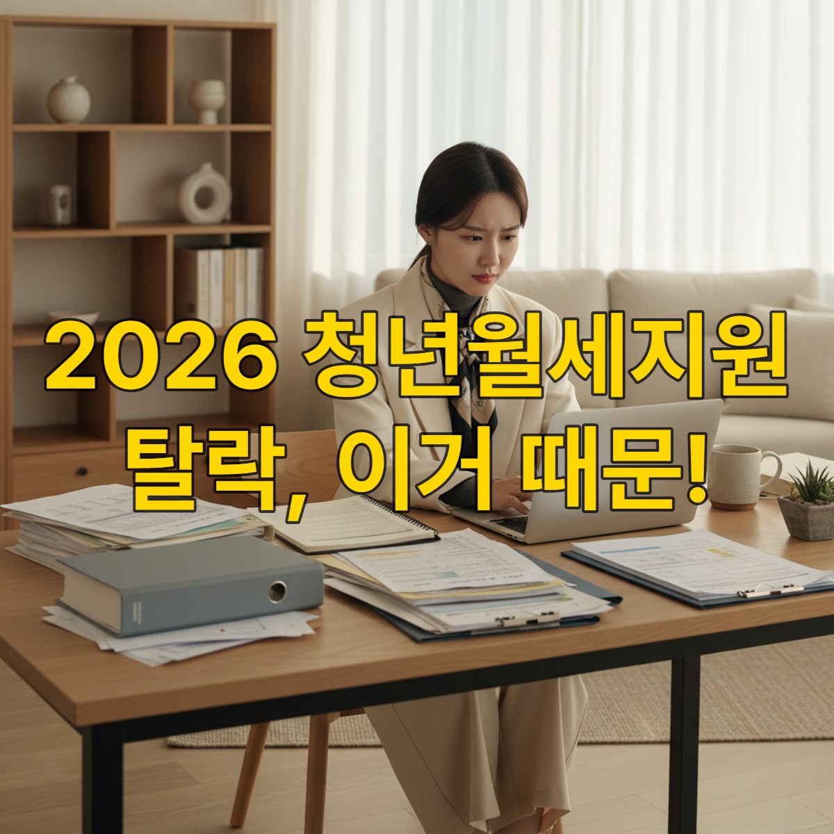 2026년 청년월세지원 서류를 보며 고민하는 한국 청년 여성.