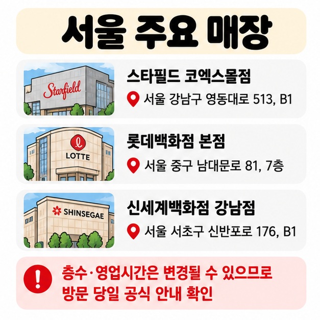 호카 스타필드 코엑스몰점 롯데백화점 본점 신세계백화점 강남점의 서울 주요 위치를 비교하는 카드